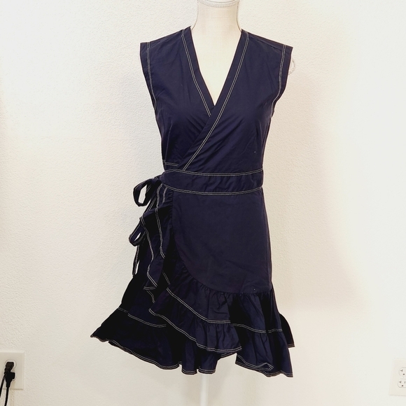 Rebecca Taylor Cotton Poplin Wrap Sleeveless Mini Dress in Navy Size 2 - Picture 1 of 13